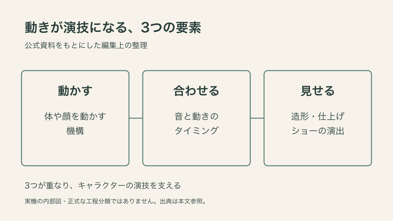 動かす機構、音と動きのタイミング、造形と演出の3要素が演技を支える概念図