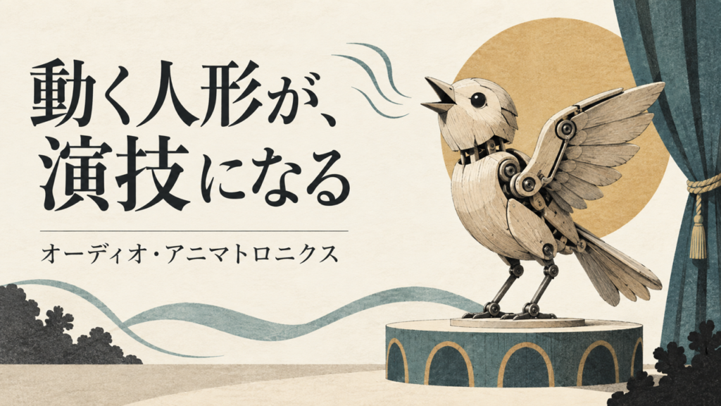 動く人形が演技になる仕組みを表す架空の木製の鳥。AI生成イメージ