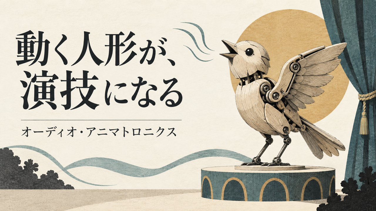 動く人形が演技になる仕組みを表す架空の木製の鳥。AI生成イメージ