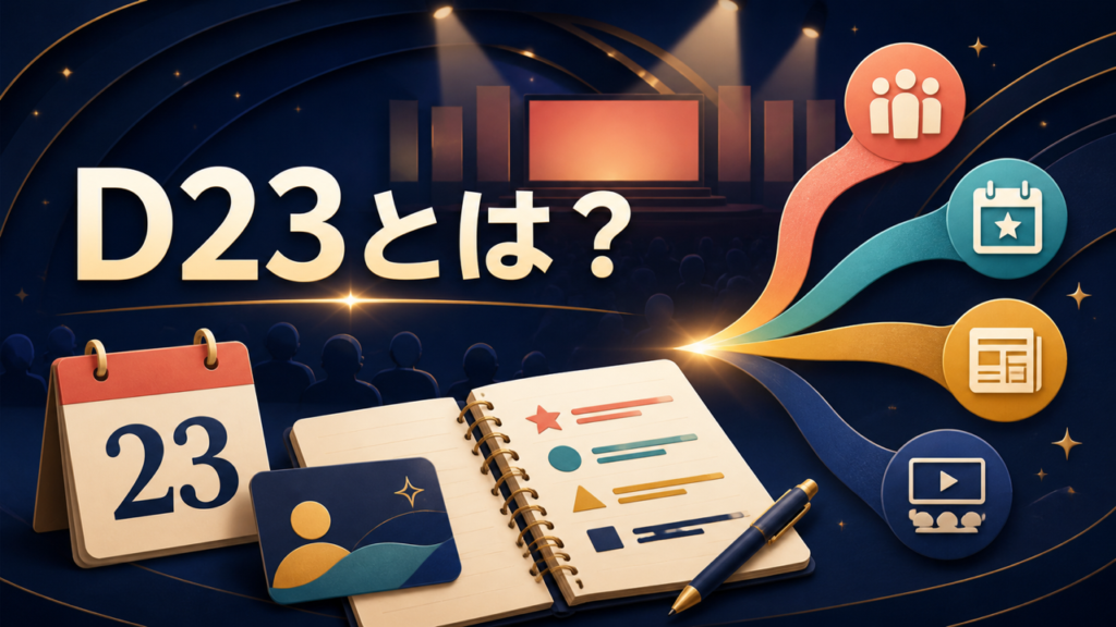 ファンクラブ、イベント、ニュース、発表の関係を象徴するD23解説記事のイラスト