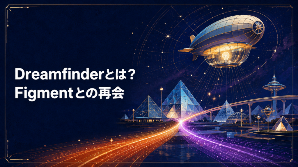 紫と橙の光が想像力の軌跡を描くレトロフューチャーなDreamfinder解説のイメージ
