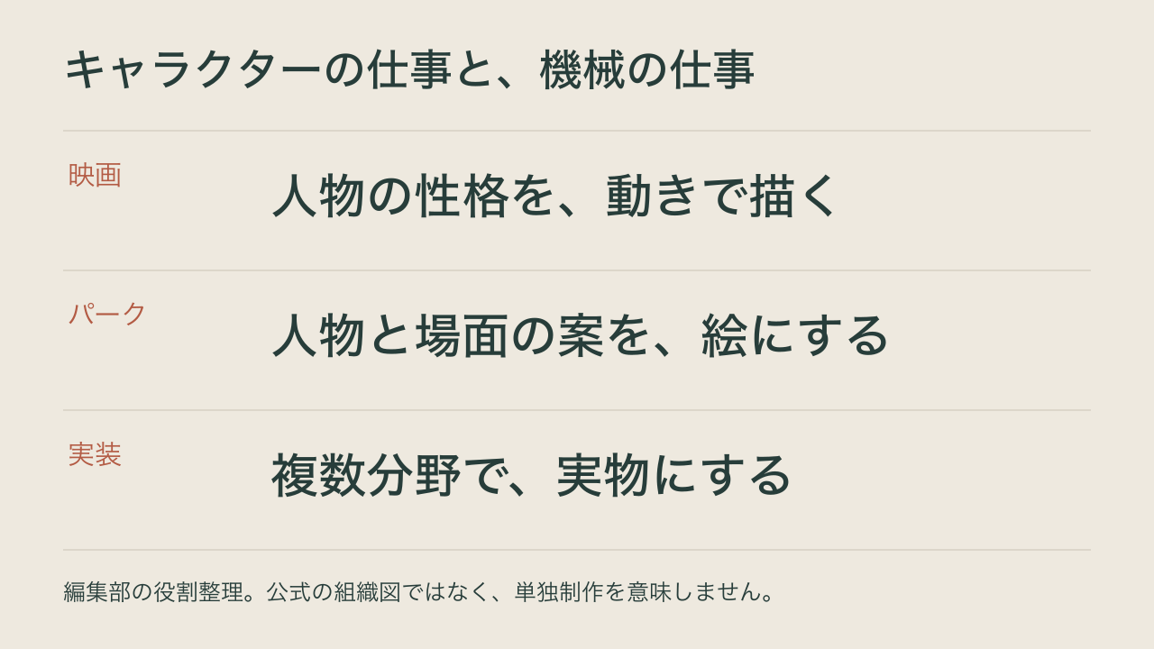 映画のキャラクター表現、パークの場面づくり、複数分野の実装を区別する自作図