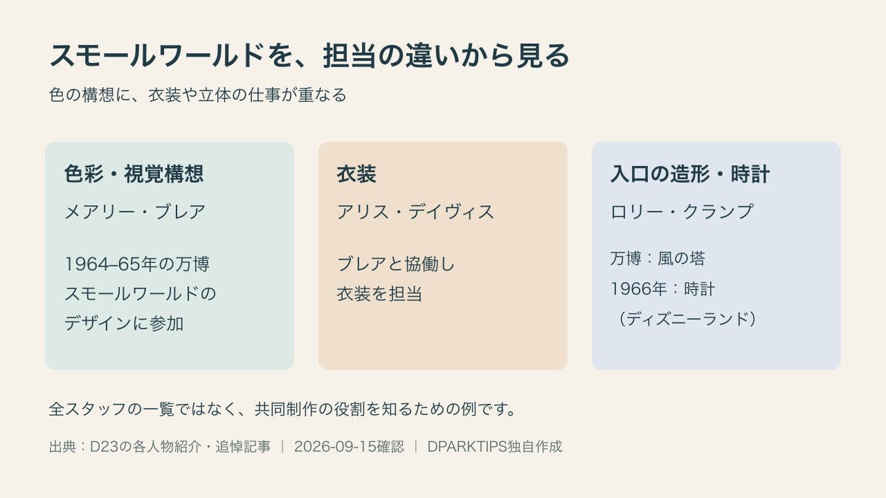 スモールワールドの色彩・衣装・入口の造形の担当を分けた図