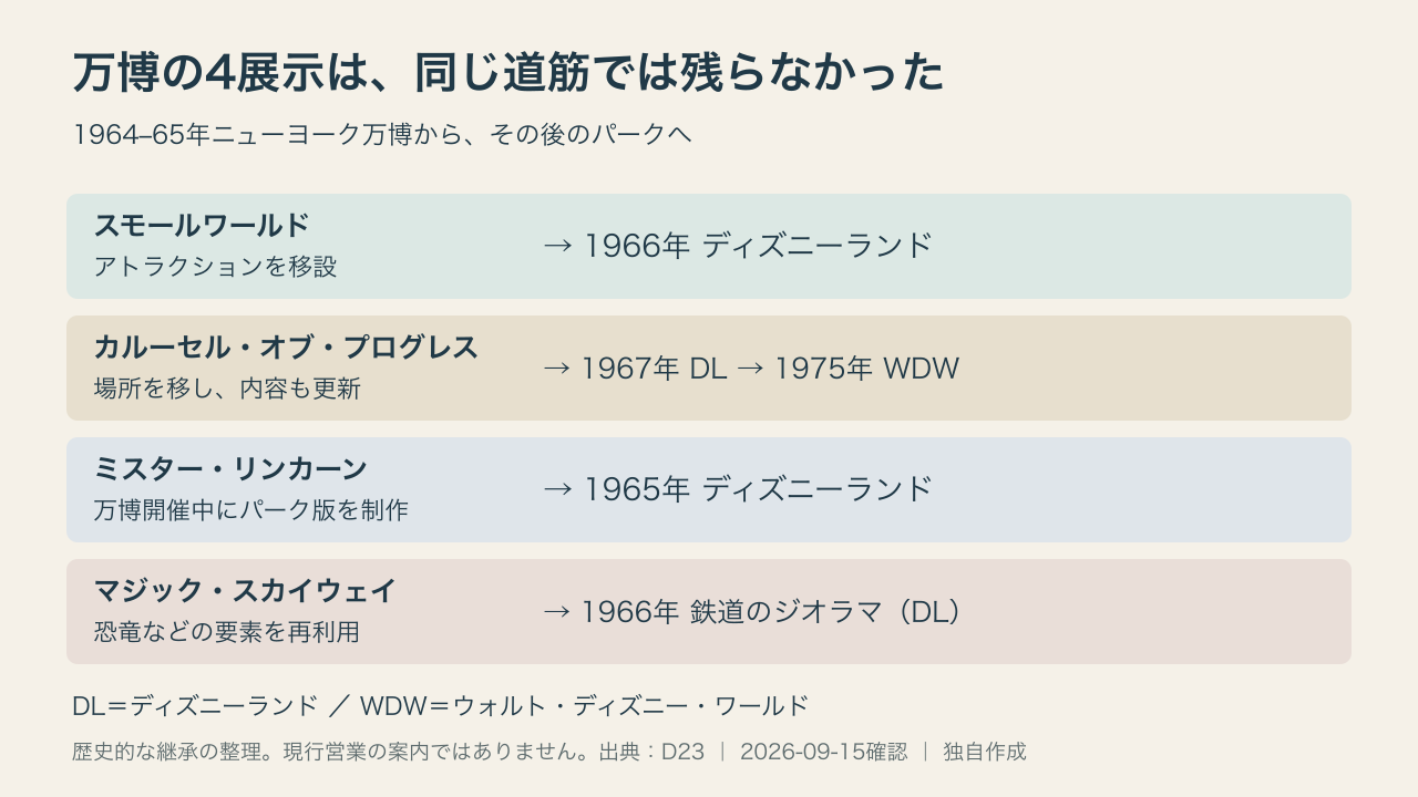 万博4展示の移設・パーク版制作・展示要素の再利用を区別した図