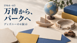 万博からパークへという歴史を象徴する地球儀と抽象模型の静物