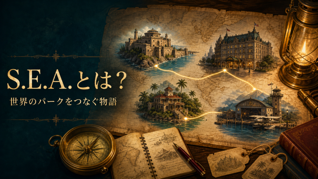 古い世界地図の上で4つの探検拠点が光る航路で結ばれたS.E.A.解説のイメージ