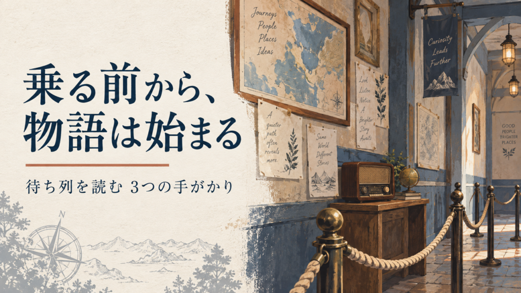 乗る前から物語は始まる。地図やラジオがある架空の待ち列を描いたAI生成イメージ