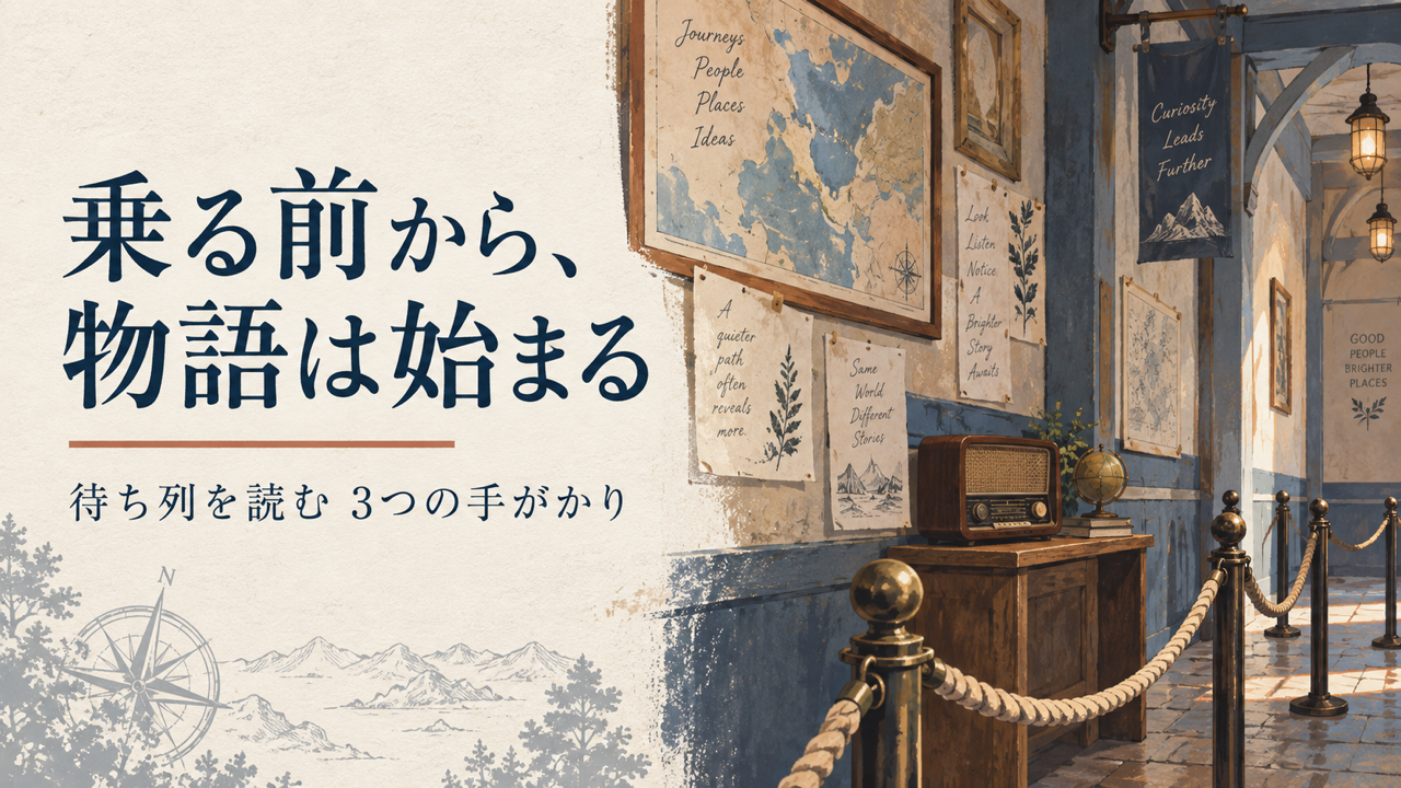 乗る前から物語は始まる。地図やラジオがある架空の待ち列を描いたAI生成イメージ