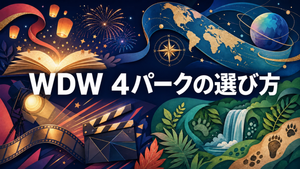 物語、世界文化と未来、映画と冒険、動物と自然の4つの体験軸からWDWの優先パークを選ぶイラスト