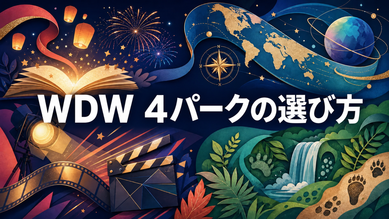物語、世界文化と未来、映画と冒険、動物と自然の4つの体験軸からWDWの優先パークを選ぶイラスト