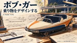 ボブ・ガーの乗り物デザインを紹介する表紙。架空の車両模型と設計スケッチを描いたAI生成イメージで、実在の車両や設計図の再現ではありません。