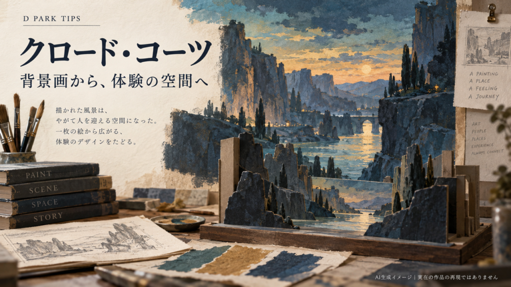 クロード・コーツ：背景画から体験の空間へ。架空の渓谷の絵と舞台模型を描いたAI生成イメージ。実在の作品や作業場の再現ではありません。