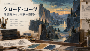 クロード・コーツ：背景画から体験の空間へ。架空の渓谷の絵と舞台模型を描いたAI生成イメージ。実在の作品や作業場の再現ではありません。