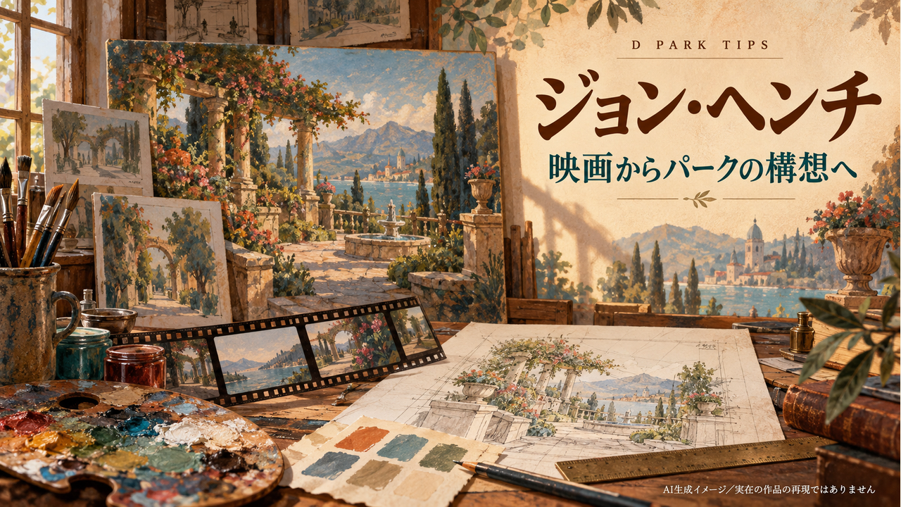 ジョン・ヘンチの映画美術からパーク構想への仕事を紹介する表紙。架空の風景画、透視図、画材を描いたAI生成イメージで、本人の作品や作業場の再現ではありません。